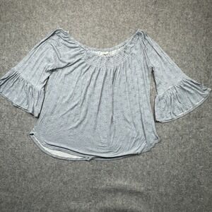 Maurices Off the Shoulder Smocked Top Womens L Bell Sleeve Diamond Floral Blue